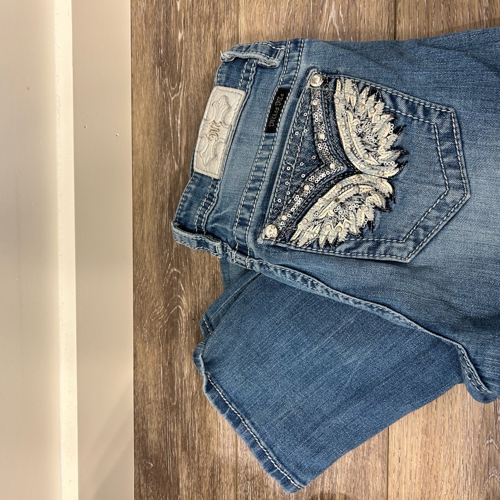 Miss Me Blue Boot Cut Jeans with Wing Embroidery and Contrast Stitching